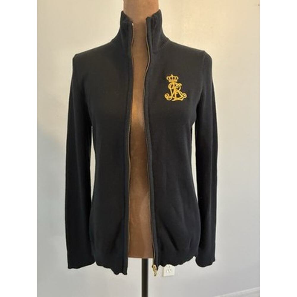VTG Ralph Lauren Black Cable Knit Cardigan Gold Crest Full Zip Sweater Mock Med - Picture 13 of 16